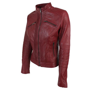 Women's Biker Jacket Leather Zipped Fit Nehru Collar - Burgundy - Infinity Leather - 7