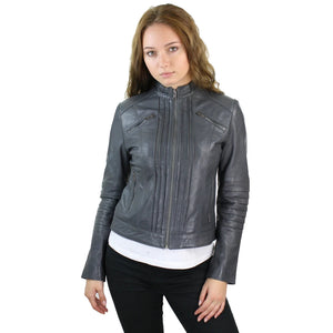 Women's Biker Jacket Leather Zipped Fit Nehru Collar - Grey - Infinity Leather - 2