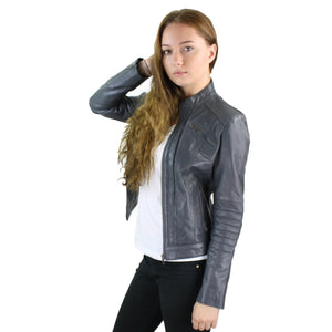 Women's Biker Jacket Leather Zipped Fit Nehru Collar - Grey - Infinity Leather - 3