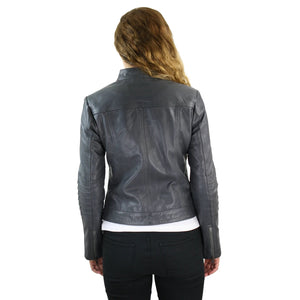 Women's Biker Jacket Leather Zipped Fit Nehru Collar - Grey - Infinity Leather - 4
