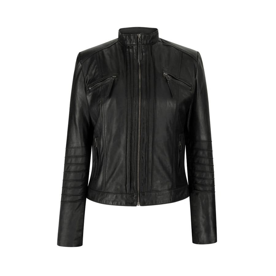 Women's Biker Jacket Leather Zipped Fit Nehru Collar - Infinity Leather - 1