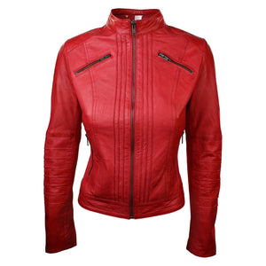 Women's Biker Jacket Leather Zipped Fit Nehru Collar - Red - Infinity Leather - 10