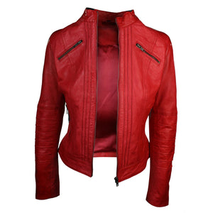 Women's Biker Jacket Leather Zipped Fit Nehru Collar - Red - Infinity Leather - 13