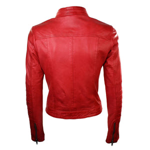 Women's Biker Jacket Leather Zipped Fit Nehru Collar - Red - Infinity Leather - 14