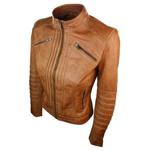 Women's Biker Jacket Leather Zipped Fit Nehru Collar - Tan - Infinity Leather - 17