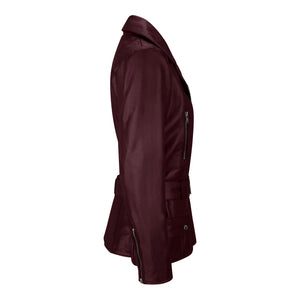 Women's Brown Leather Belted Fitted Jacket - Burgundy - Infinity Leather - 14