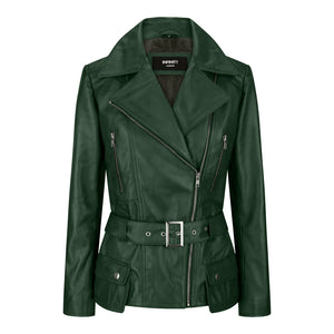 Women's Brown Leather Belted Fitted Jacket - Green - Infinity Leather - 17