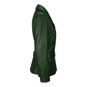 Women's Brown Leather Belted Fitted Jacket - Green - Infinity Leather - 18