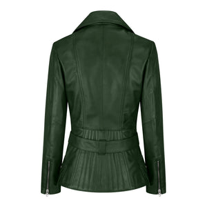 Women's Brown Leather Belted Fitted Jacket - Green - Infinity Leather - 19