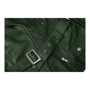 Women's Brown Leather Belted Fitted Jacket - Green - Infinity Leather - 20