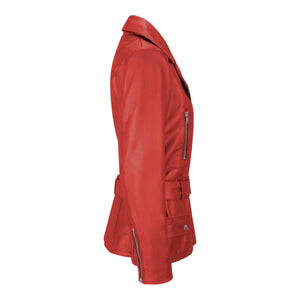 Women's Brown Leather Belted Fitted Jacket - Red - Infinity Leather - 22