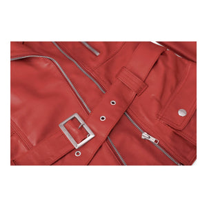 Women's Brown Leather Belted Fitted Jacket - Red - Infinity Leather - 24