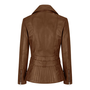 Women's Brown Leather Belted Fitted Jacket - Tan - Infinity Leather - 27