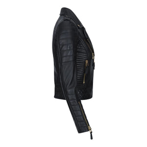 Giacca da Donna Biker in Vera Pelle con Cerniera Incrociata Slim Fit Vintage retro - Oro - Infinity Leather - 6