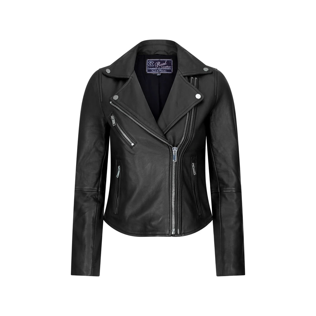 Brando Czerwona Czarna Kurtka skórzana motocyklowa damska z ukośnym zamkiem motocyklowa - Czarny - TruClothing.com - 1