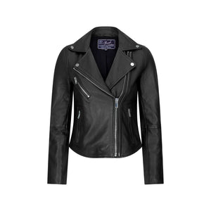 Brando Czerwona Czarna Kurtka skórzana motocyklowa damska z ukośnym zamkiem motocyklowa - Czarny - TruClothing.com - 1