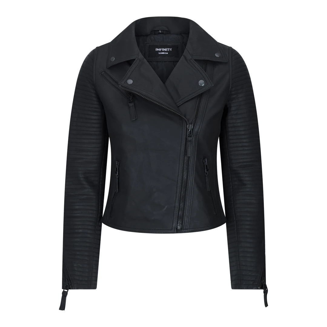 Giacca Moto da Donna Vera Pelle con Zip Laterale, Colore Nero Opaco Slim Vintage retro - TruClothing.com - 1
