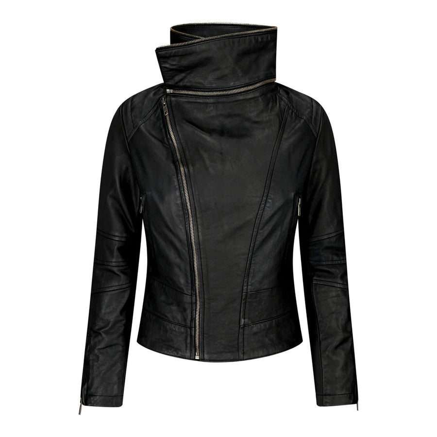 Damenjacke 100% Echtleder Braun Renner Biker Still Hoher Stehkragen - Schwarz - Infinity Leather - 1