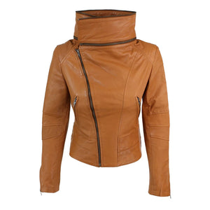 Kurtka skórzana z wysokim kołnierzem damska i dziewczęca - Jasnobrązowy - Infinity Leather - 5