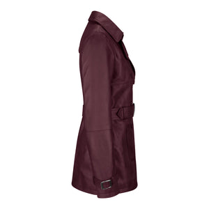 Chaqueta de cuero real de diseñador de doble botonadura y media longitud para mujer - Borgoña - Infinity Leather - 10