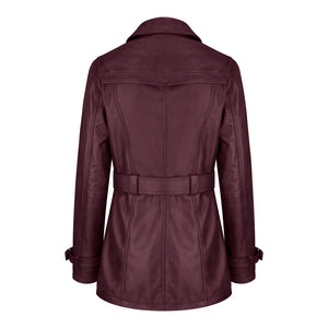 Chaqueta de cuero real de diseñador de doble botonadura y media longitud para mujer - Borgoña - Infinity Leather - 11