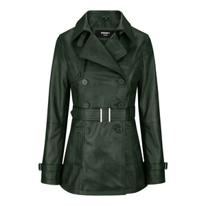 Chaqueta de cuero real de diseñador de doble botonadura y media longitud para mujer - Verde - Infinity Leather - 13