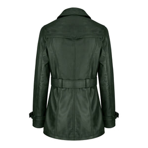 Chaqueta de cuero real de diseñador de doble botonadura y media longitud para mujer - Verde - Infinity Leather - 15