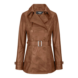 Chaqueta de cuero real de diseñador de doble botonadura y media longitud para mujer - Bronceado - Infinity Leather - 17