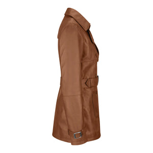 Chaqueta de cuero real de diseñador de doble botonadura y media longitud para mujer - Bronceado - Infinity Leather - 18