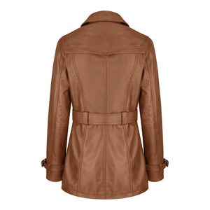 Chaqueta de cuero real de diseñador de doble botonadura y media longitud para mujer - Bronceado - Infinity Leather - 19