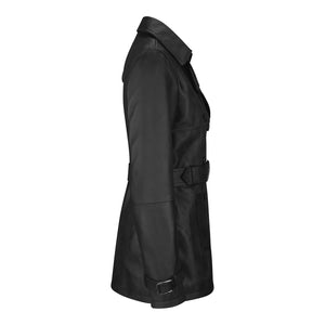 Chaqueta de cuero real de diseñador de doble botonadura y media longitud para mujer - Negro - Infinity Leather - 2
