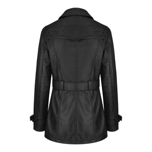 Chaqueta de cuero real de diseñador de doble botonadura y media longitud para mujer - Negro - Infinity Leather - 3
