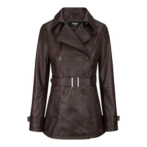 Chaqueta de cuero real de diseñador de doble botonadura y media longitud para mujer - Marrón - Infinity Leather - 5
