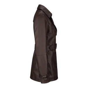 Chaqueta de cuero real de diseñador de doble botonadura y media longitud para mujer - Marrón - Infinity Leather - 6