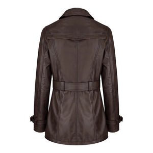 Chaqueta de cuero real de diseñador de doble botonadura y media longitud para mujer - Marrón - Infinity Leather - 7