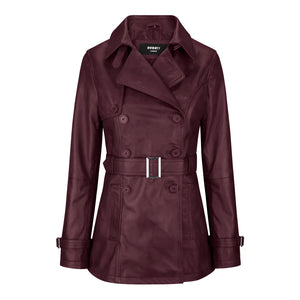 Chaqueta de cuero real de diseñador de doble botonadura y media longitud para mujer - Borgoña - Infinity Leather - 9