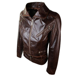 Women's Leather Biker Rock Belted Brown Jacket - Aviatrix - 2
