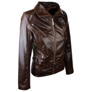 Women's Leather Biker Rock Belted Brown Jacket - Aviatrix - 3