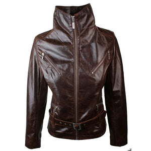 Women's Leather Biker Rock Belted Brown Jacket - Aviatrix - 4