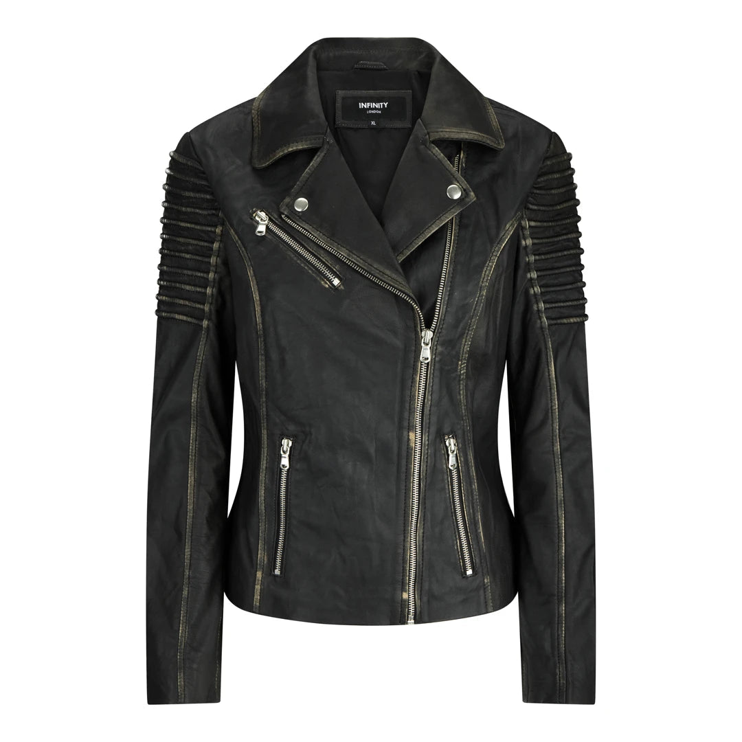 Women's Leather Black Gold Biker Jacket - Aviatrix - 1