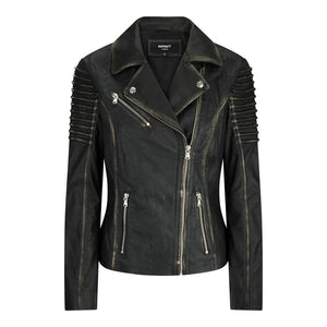Women's Leather Black Gold Biker Jacket - Aviatrix - 1