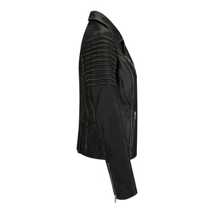 Women's Leather Black Gold Biker Jacket - Aviatrix - 2