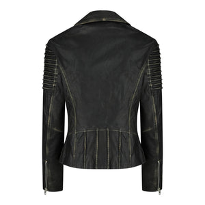Women's Leather Black Gold Biker Jacket - Aviatrix - 4