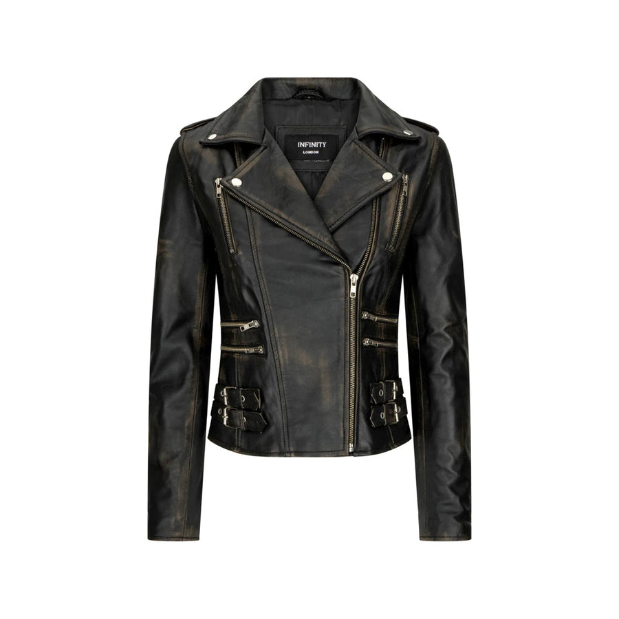 Kurtka skórzana damska krótka motocyklowa czarna - Infinity Leather - 1