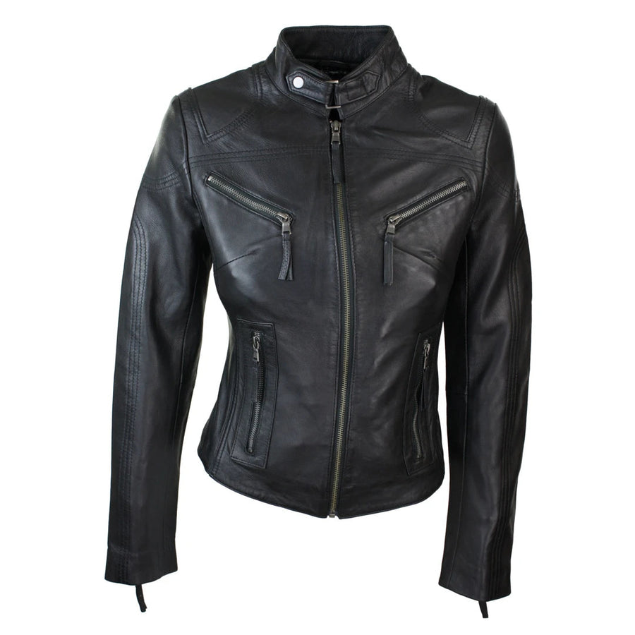 Czarno-jasnobrązowa skórzana kurtka damska bikerska - Infinity Leather - 1