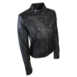 Chaqueta de cuero real en color negro marrón estilo motociclista para mujer - Infinity Leather - 3
