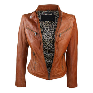 Chaqueta de cuero real en color negro marrón estilo motociclista para mujer - Infinity Leather - 4