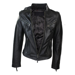 Chaqueta de cuero real en color negro marrón estilo motociclista para mujer - Infinity Leather - 5