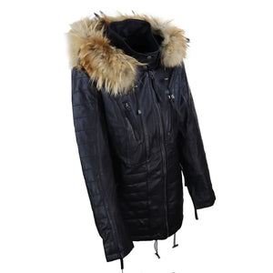 Damen-Winterjacke aus schwarzem Leder mit mittellanger Kapuze und Waschbärpelz - Infinity Leather - 4