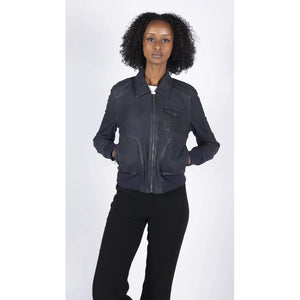 Women's Leather Bomber Jacket Short Zipped Brown Tan Black Blue Grey - Navy - Infinity Leather - 13